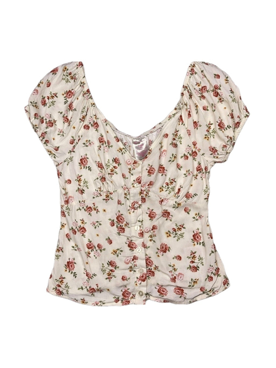 No Boundaries Tops - No Boundaries Button-Down Rose Shirred Babydoll Shirt XS